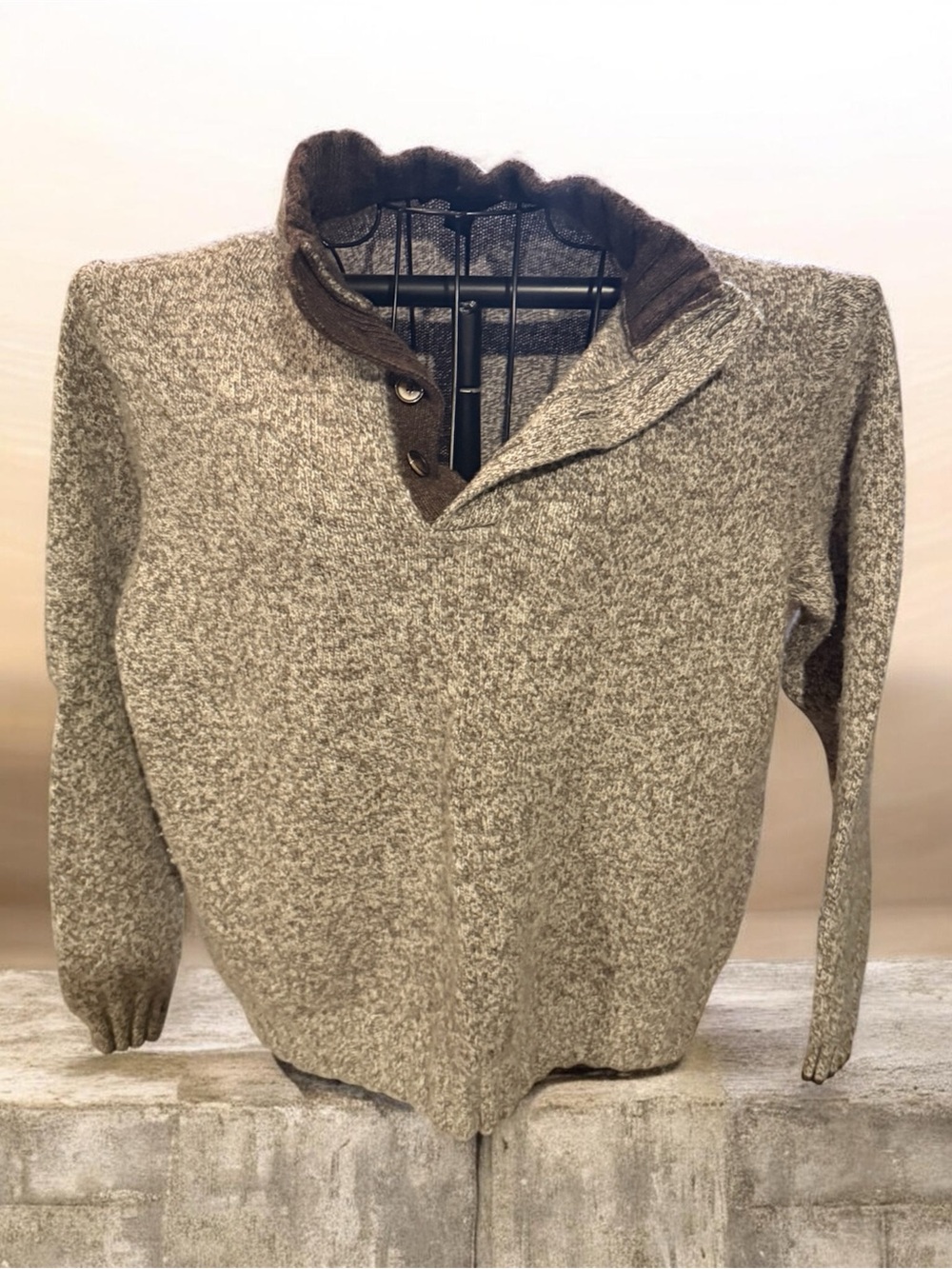 Jos. A. Bank Gray Heather Zip-Up Shawl Collar Sweater with Brown Trim